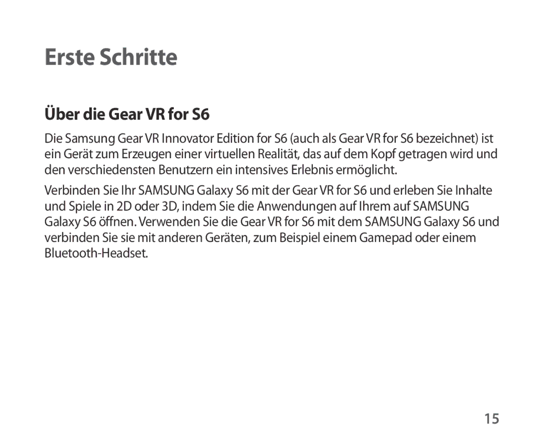 Samsung SM-R321NZWADBT manual Erste Schritte, Über die Gear VR for S6 