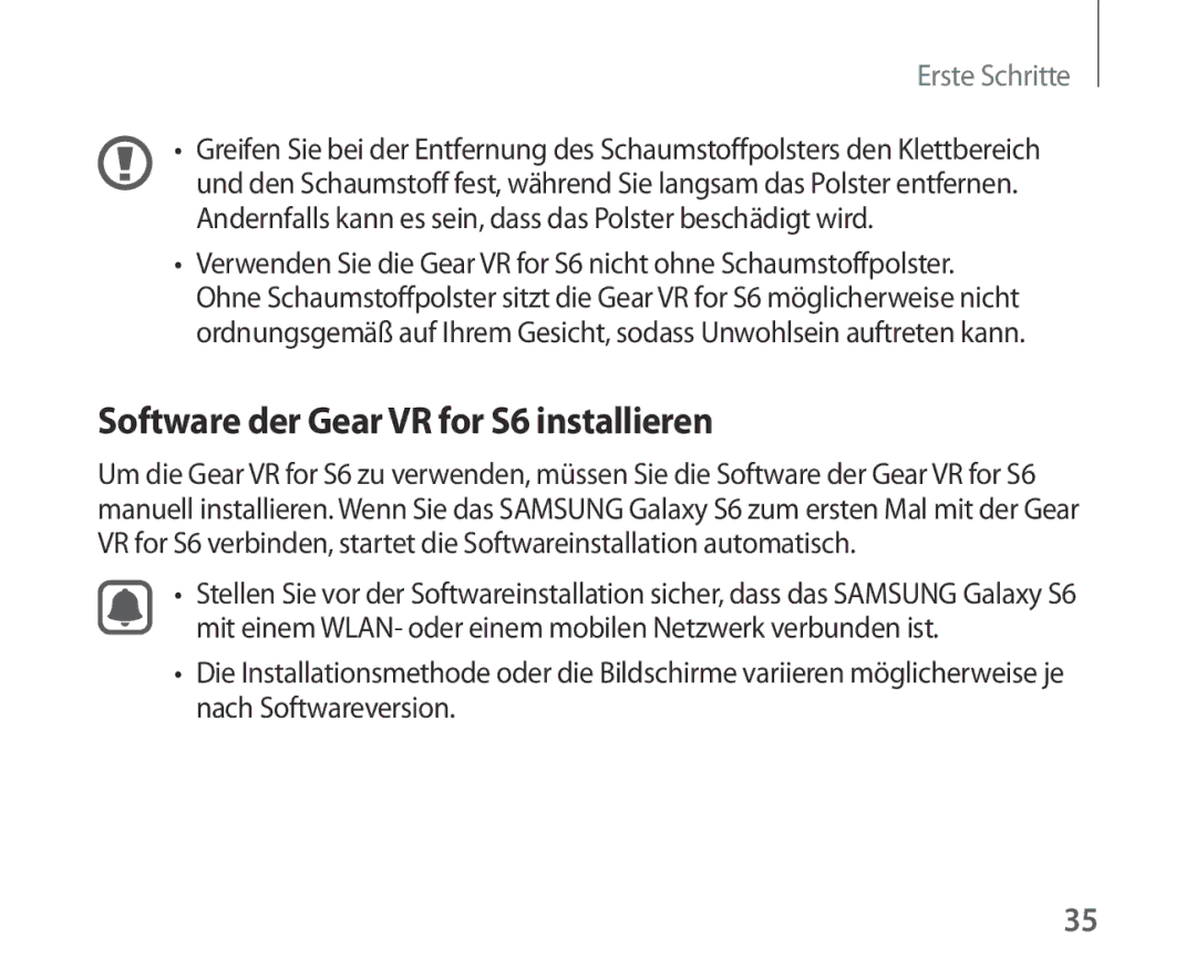 Samsung SM-R321NZWADBT manual Software der Gear VR for S6 installieren 