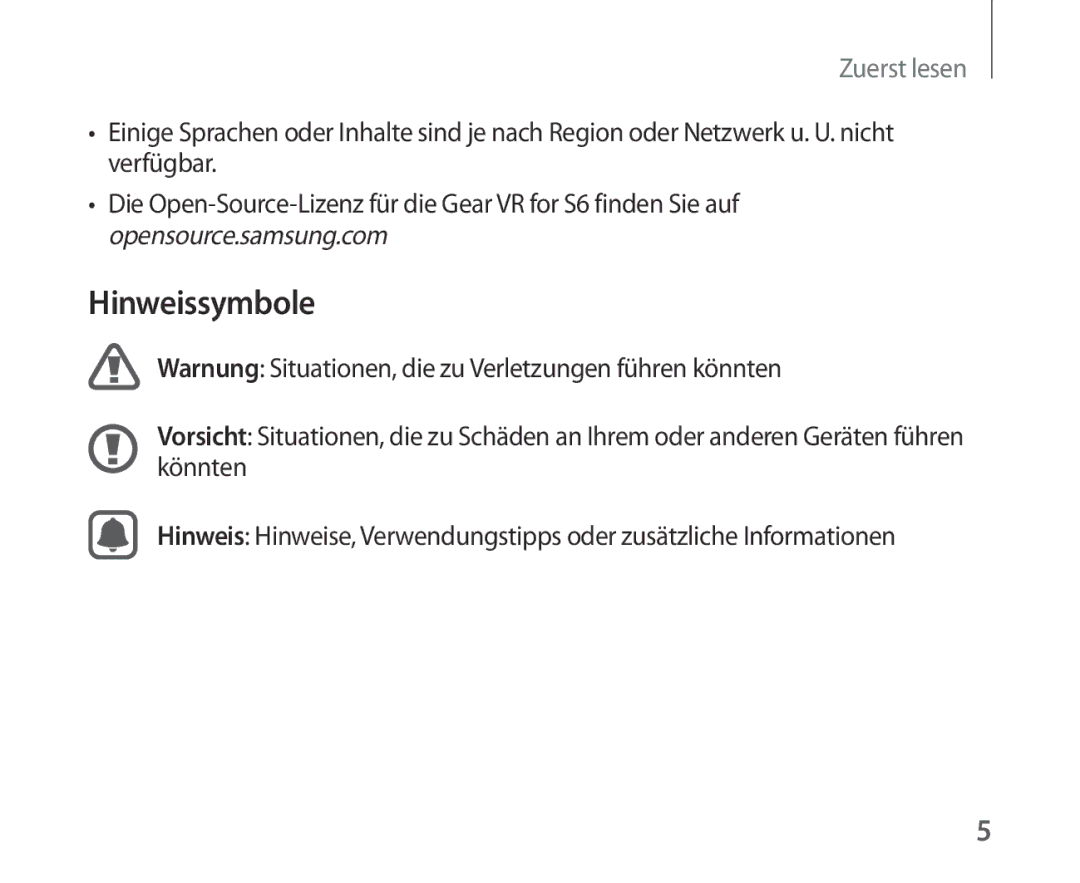 Samsung SM-R321NZWADBT manual Hinweissymbole, Zuerst lesen 