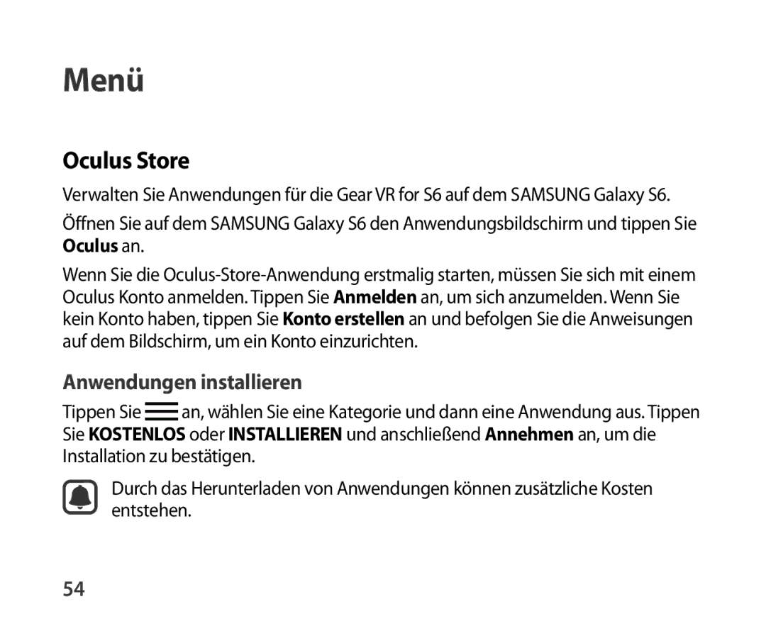 Samsung SM-R321NZWADBT manual Menü, Oculus Store 