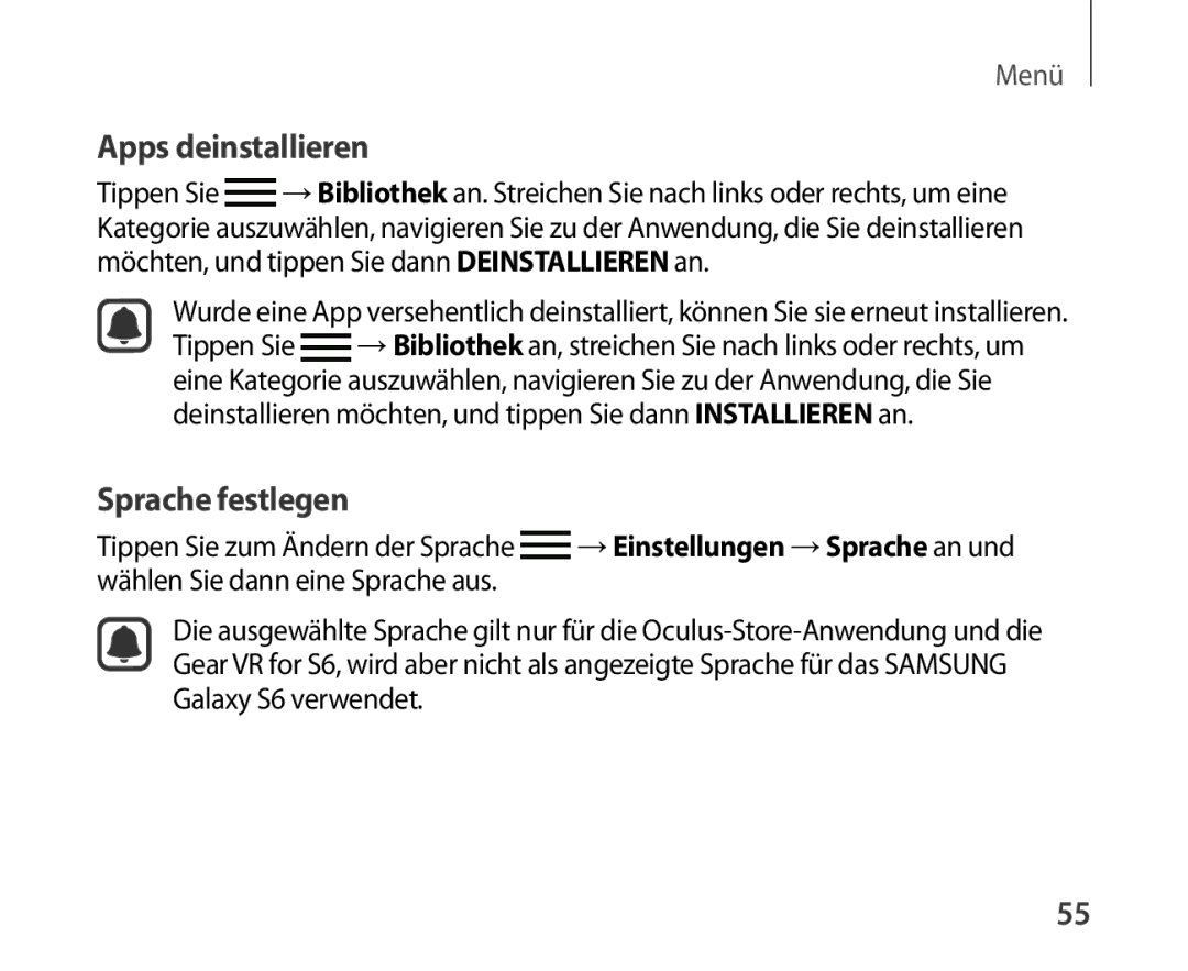 Samsung SM-R321NZWADBT manual Apps deinstallieren, Sprache festlegen 