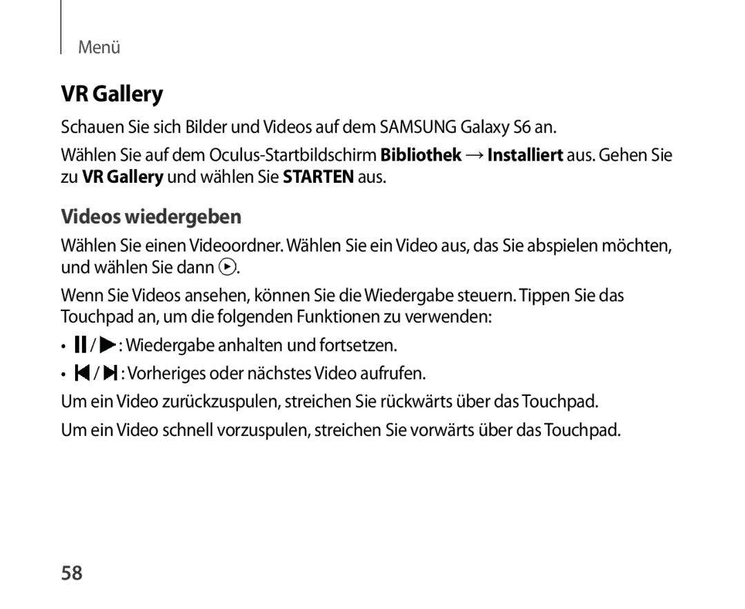 Samsung SM-R321NZWADBT manual VR Gallery, Videos wiedergeben 