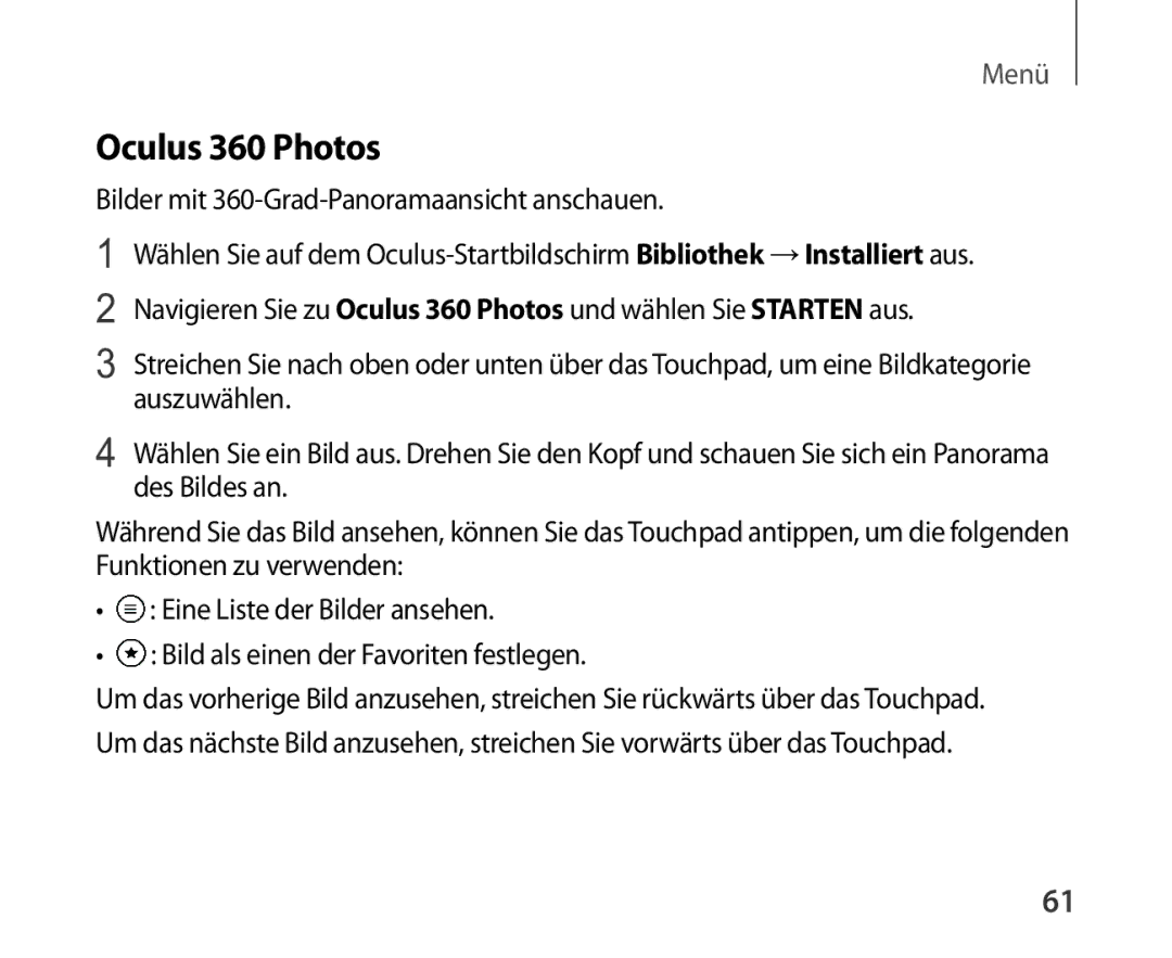 Samsung SM-R321NZWADBT manual Oculus 360 Photos, Bilder mit 360-Grad-Panoramaansicht anschauen 