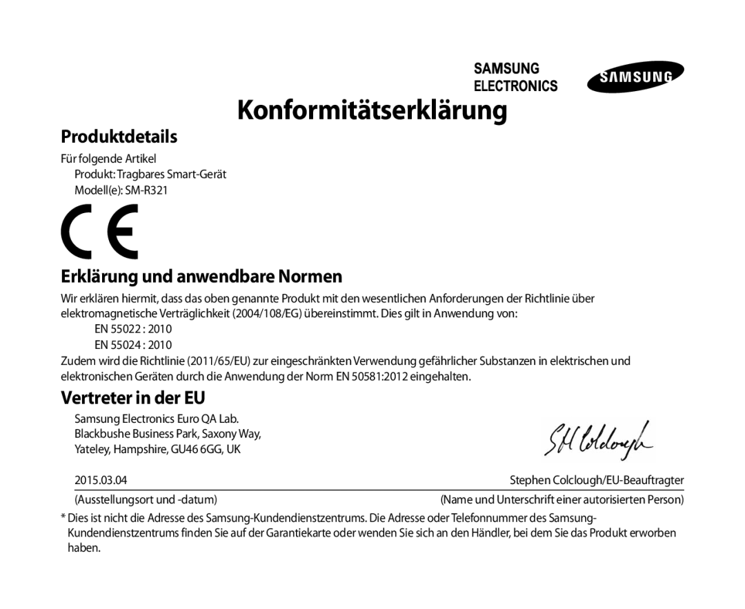 Samsung SM-R321NZWADBT manual Konformitätserklärung 