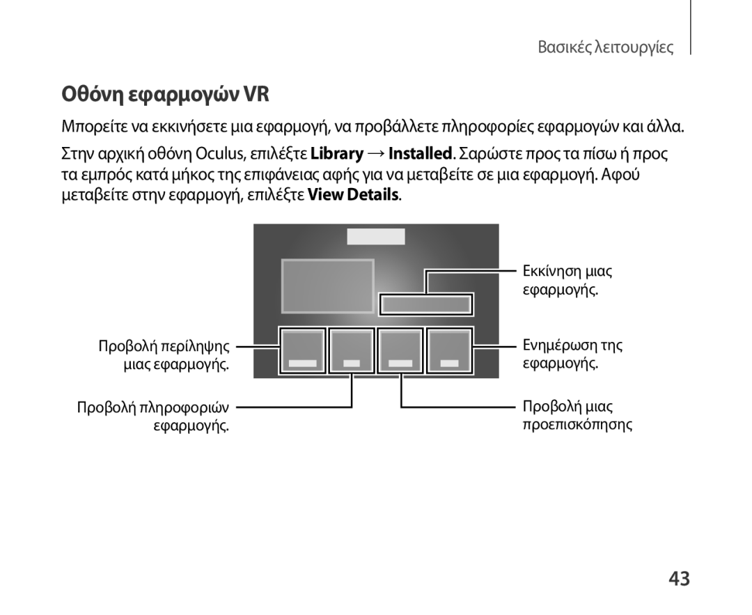 Samsung SM-R321NZWAEUR manual Οθόνη εφαρμογών VR, Προβολή περίληψης μιας εφαρμογής 