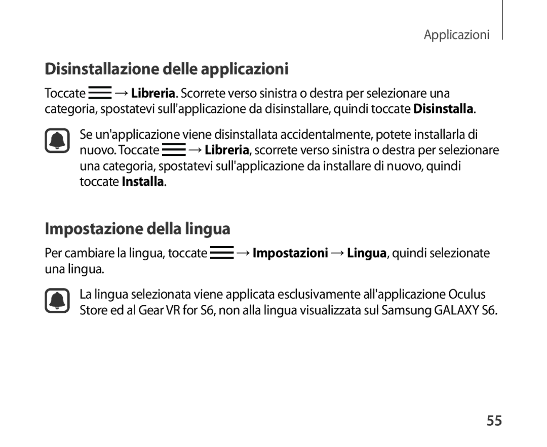 Samsung SM-R321NZWAITV manual Disinstallazione delle applicazioni, Impostazione della lingua 