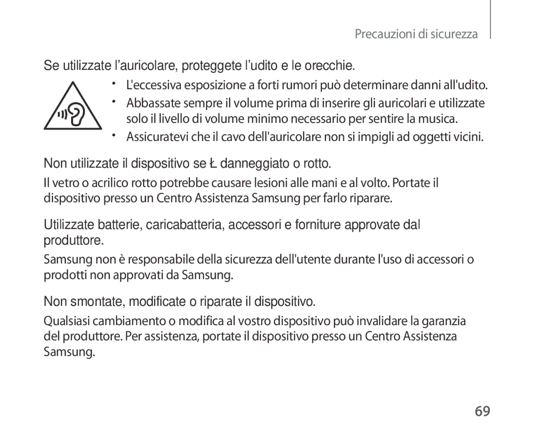 Samsung SM-R321NZWAITV manual Se utilizzate lauricolare, proteggete ludito e le orecchie 