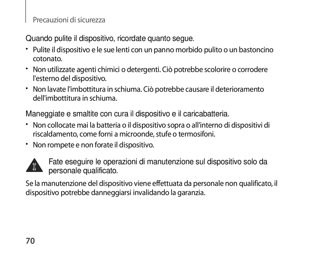 Samsung SM-R321NZWAITV manual Quando pulite il dispositivo, ricordate quanto segue 