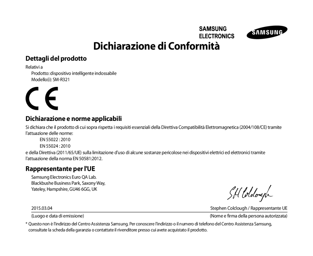 Samsung SM-R321NZWAITV manual Dichiarazione di Conformità, Dichiarazione e norme applicabili 