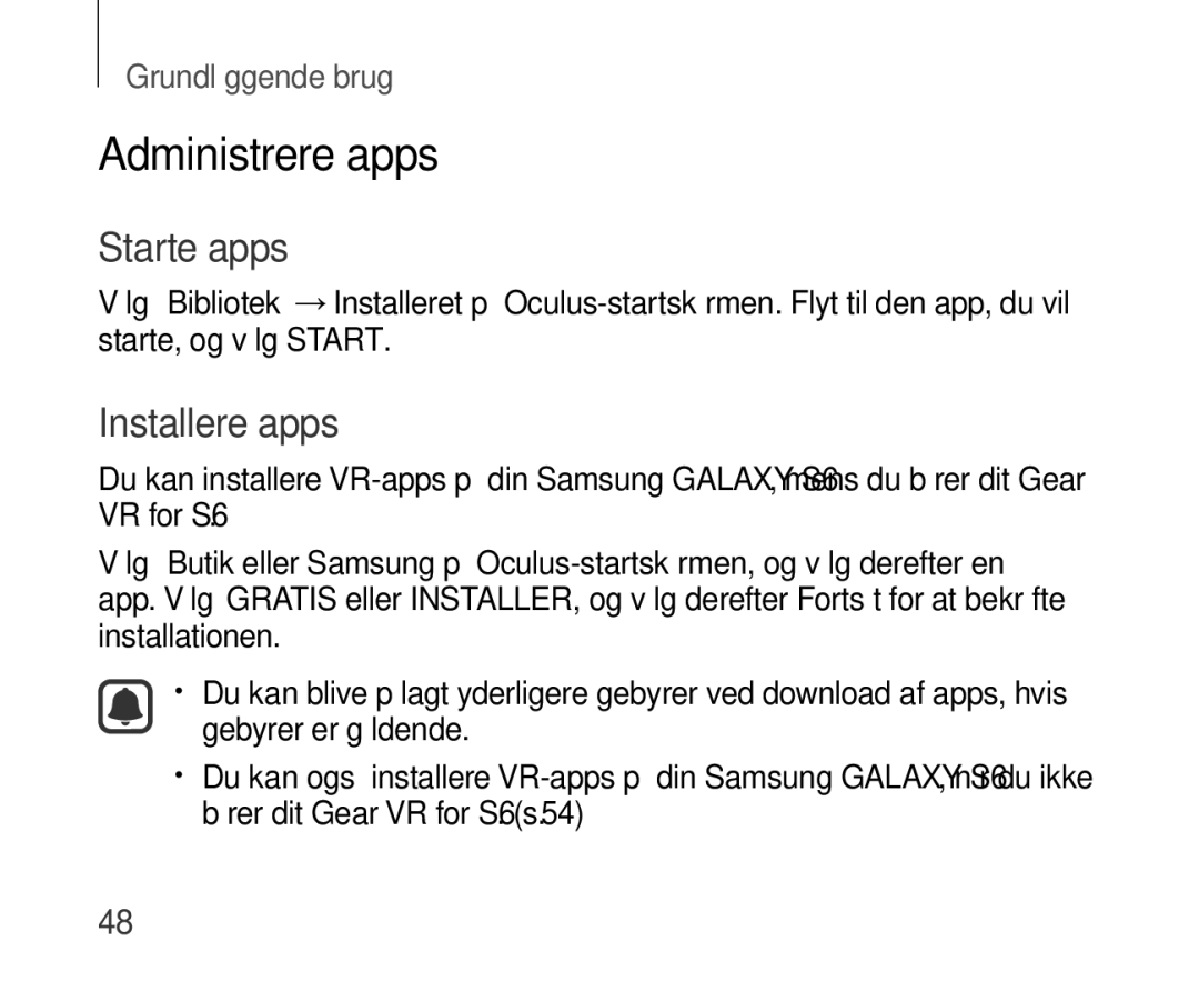 Samsung SM-R321NZWANEE manual Administrere apps, Starte apps, Installere apps 