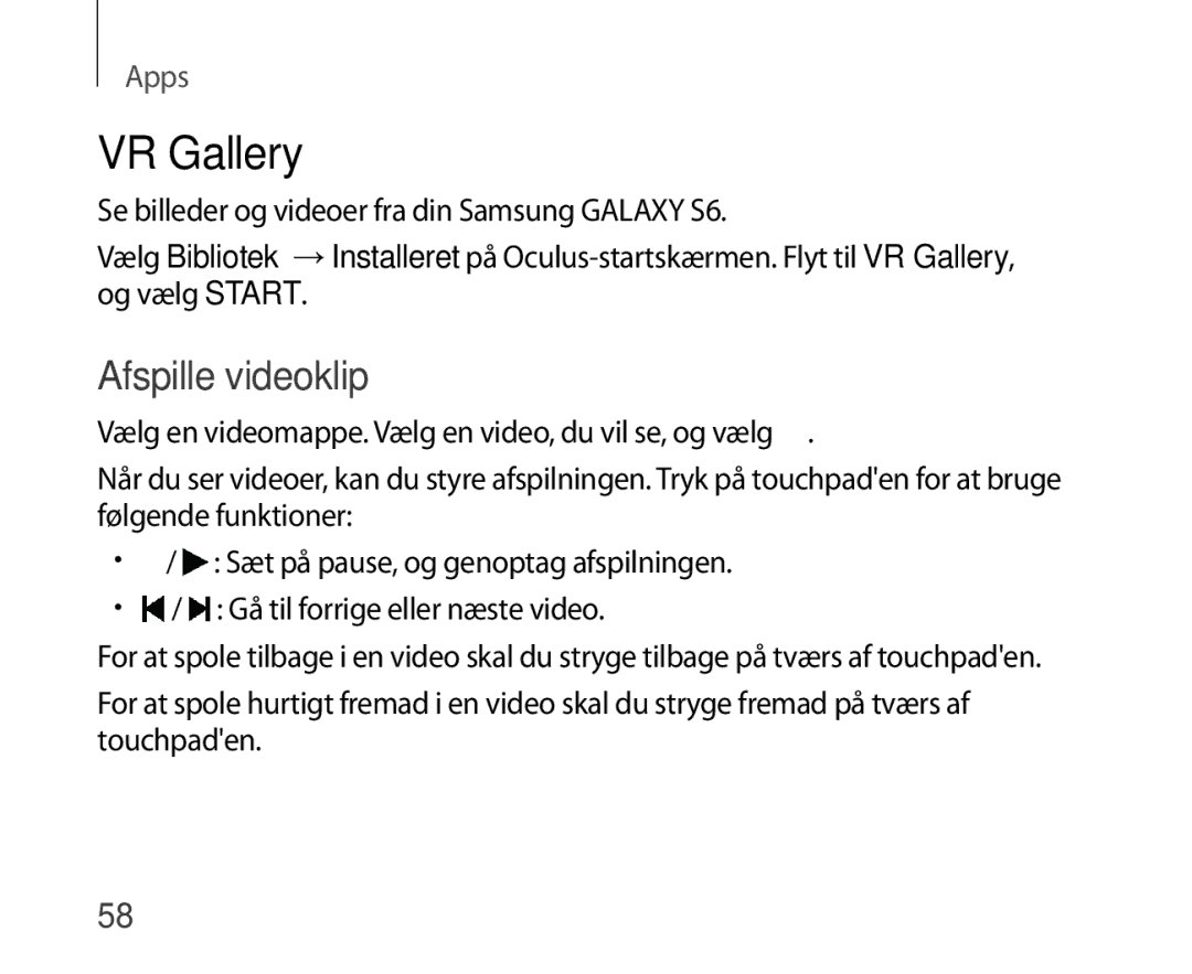 Samsung SM-R321NZWANEE manual VR Gallery, Afspille videoklip 