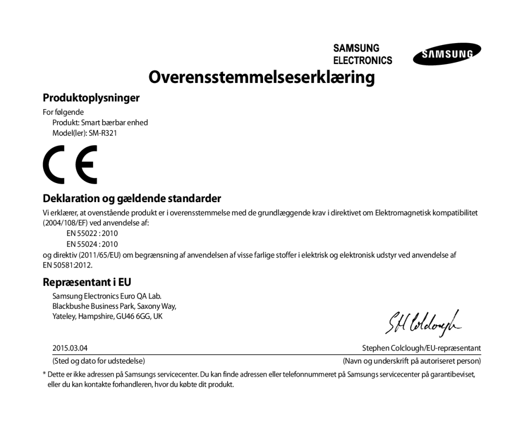 Samsung SM-R321NZWANEE manual Overensstemmelseserklæring 