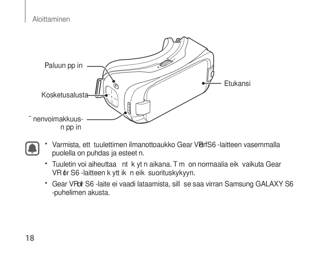 Samsung SM-R321NZWANEE manual Paluunäppäin Etukansi Kosketusalusta 