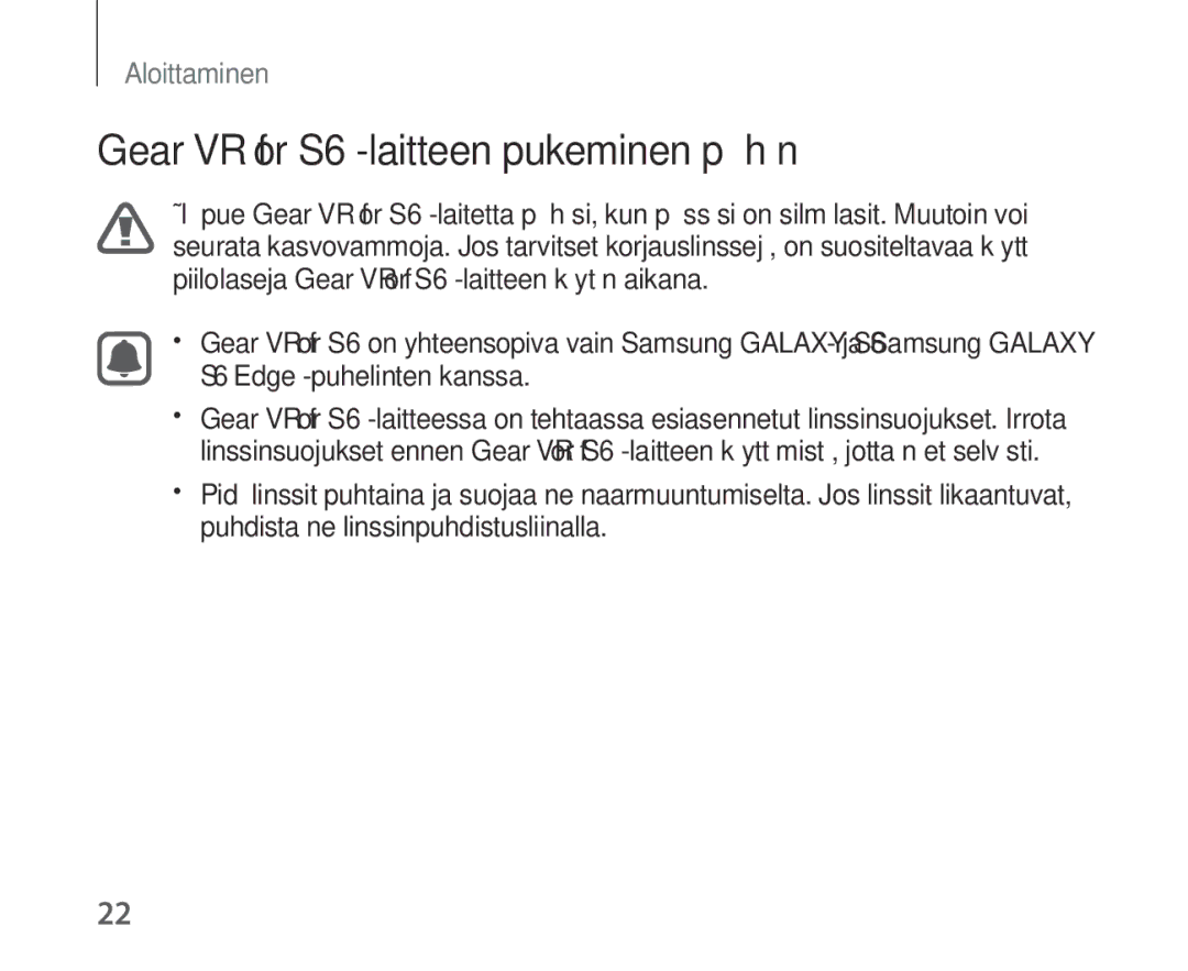 Samsung SM-R321NZWANEE manual Gear VR for S6 -laitteen pukeminen päähän 