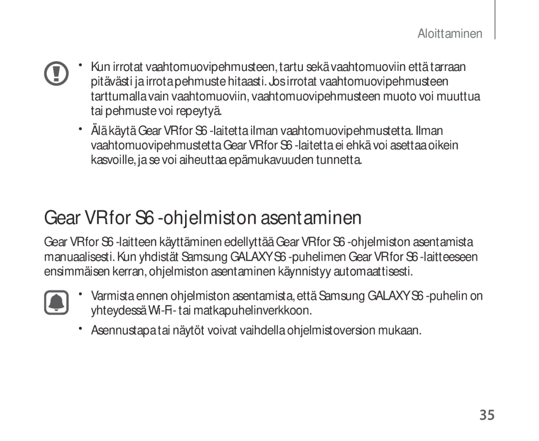 Samsung SM-R321NZWANEE manual Gear VR for S6 -ohjelmiston asentaminen 