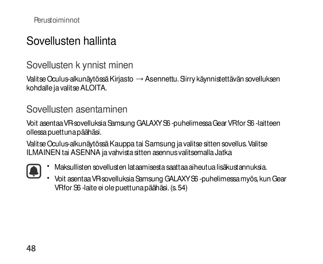 Samsung SM-R321NZWANEE manual Sovellusten hallinta, Sovellusten käynnistäminen, Sovellusten asentaminen 