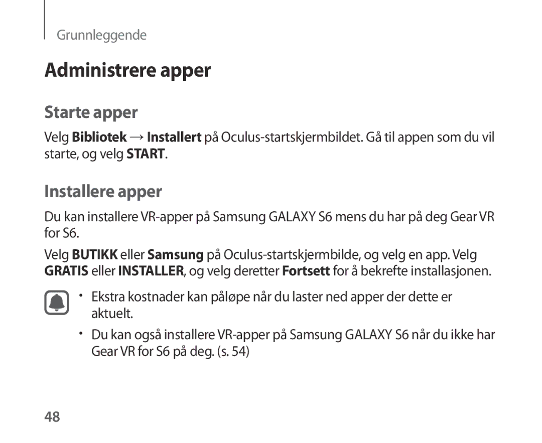 Samsung SM-R321NZWANEE manual Administrere apper, Starte apper, Installere apper 