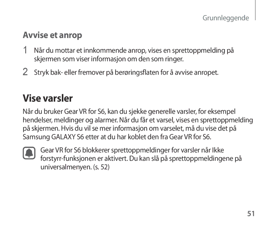 Samsung SM-R321NZWANEE manual Vise varsler, Avvise et anrop 