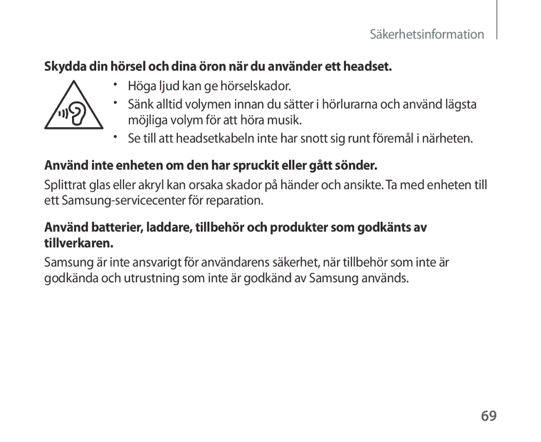 Samsung SM-R321NZWANEE manual Skydda din hörsel och dina öron när du använder ett headset 