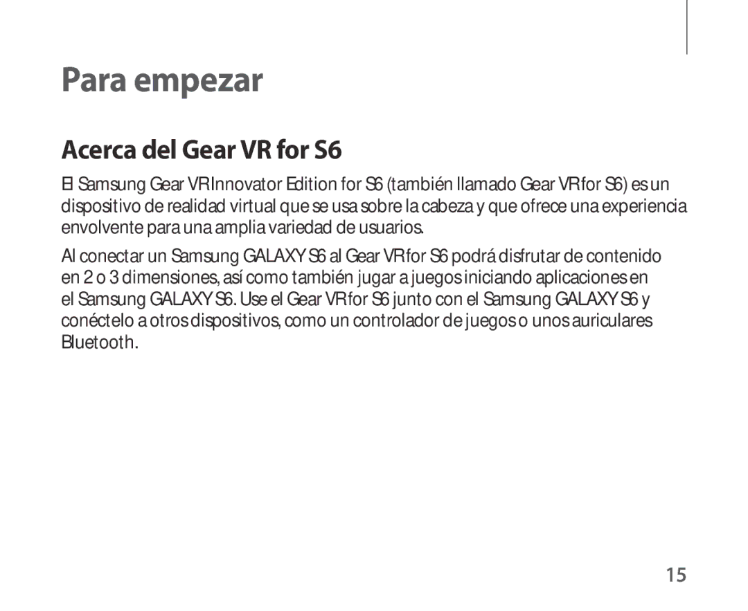 Samsung SM-R321NZWAPHE manual Para empezar, Acerca del Gear VR for S6 