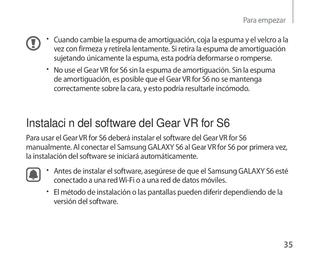 Samsung SM-R321NZWAPHE manual Instalación del software del Gear VR for S6 