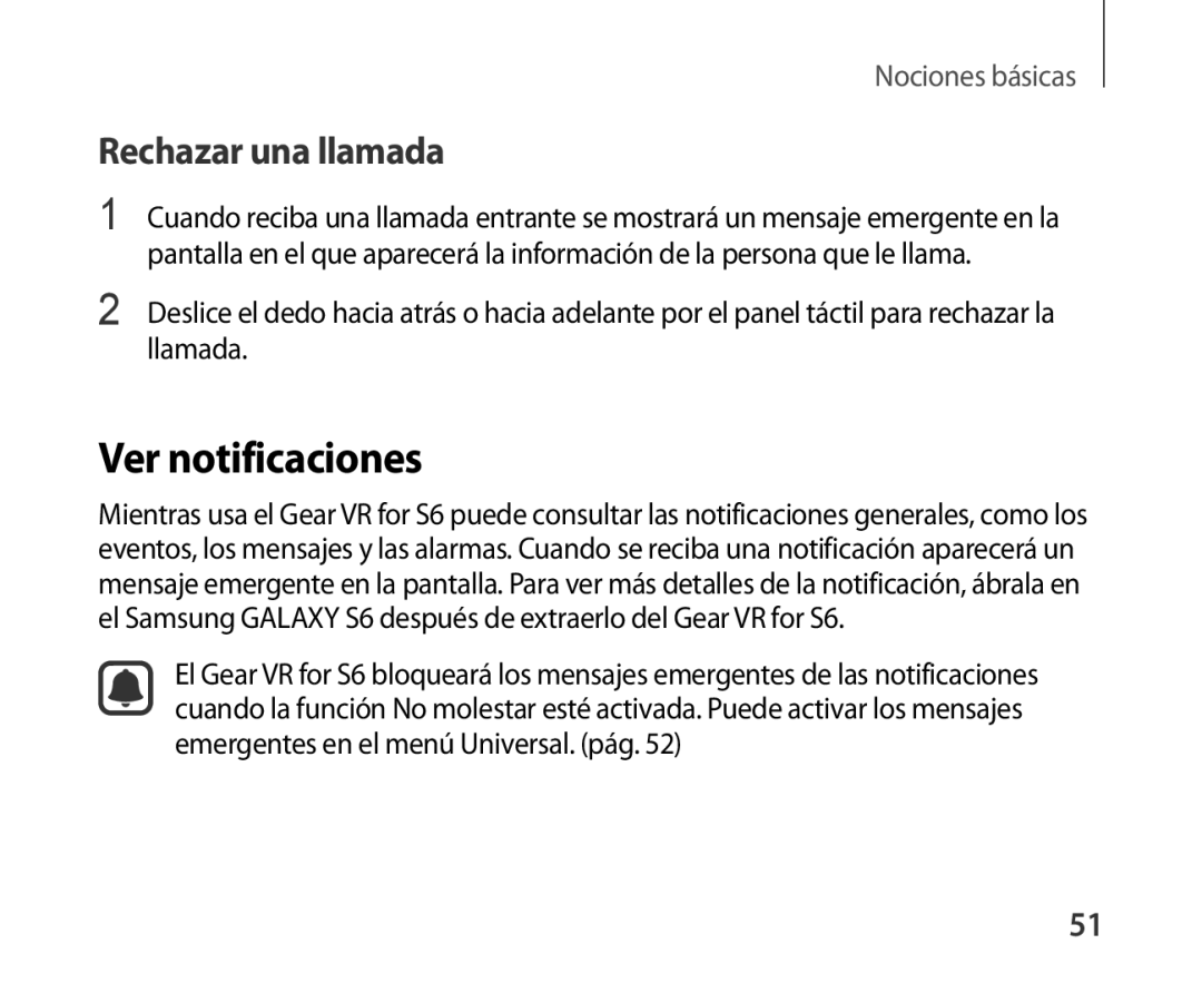 Samsung SM-R321NZWAPHE manual Ver notificaciones, Rechazar una llamada 