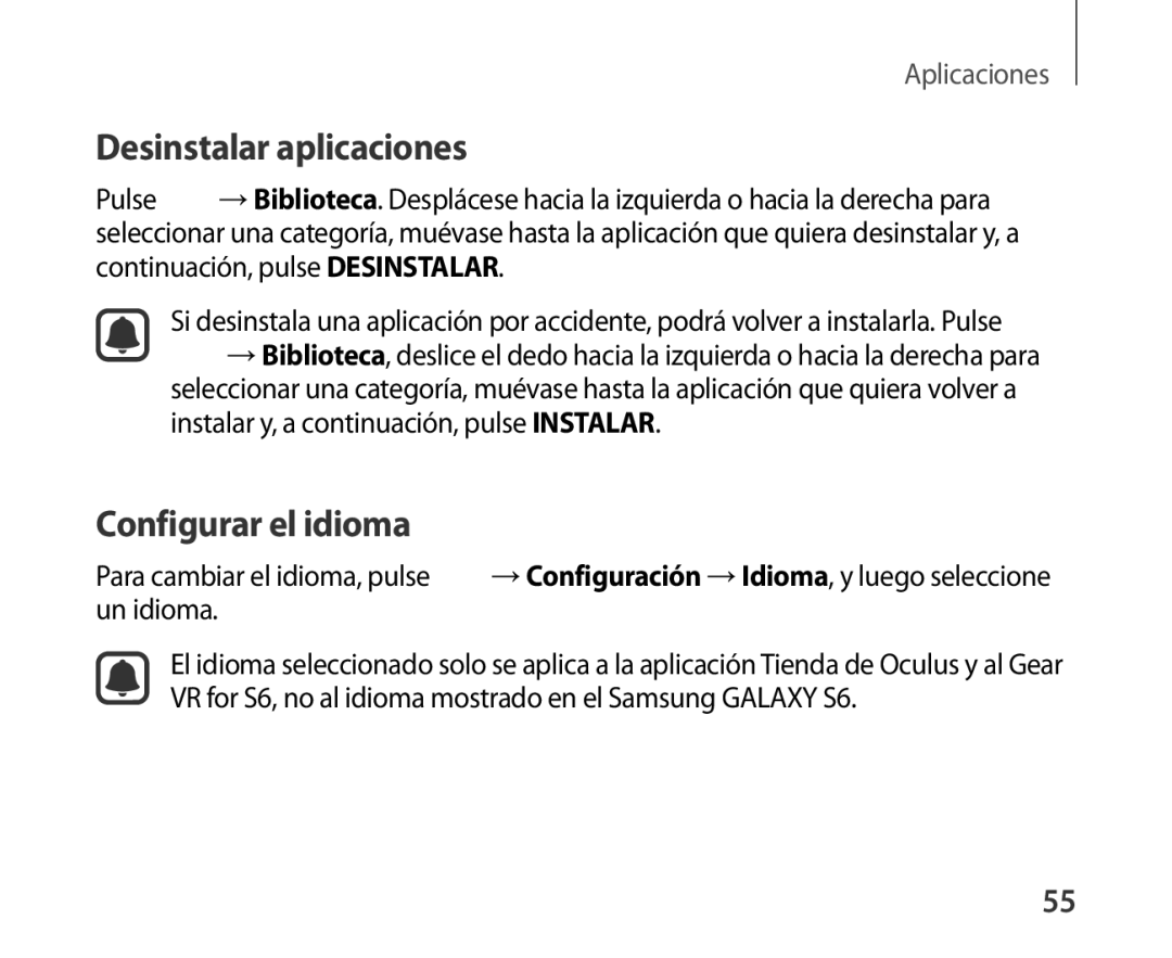 Samsung SM-R321NZWAPHE manual Desinstalar aplicaciones, Configurar el idioma 