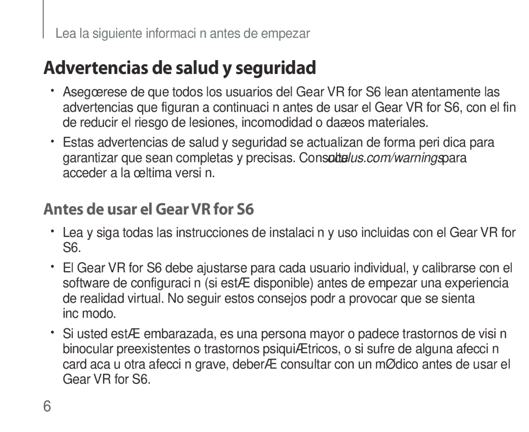 Samsung SM-R321NZWAPHE manual Advertencias de salud y seguridad, Antes de usar el Gear VR for S6 