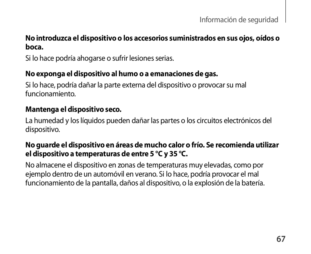 Samsung SM-R321NZWAPHE manual No exponga el dispositivo al humo o a emanaciones de gas 