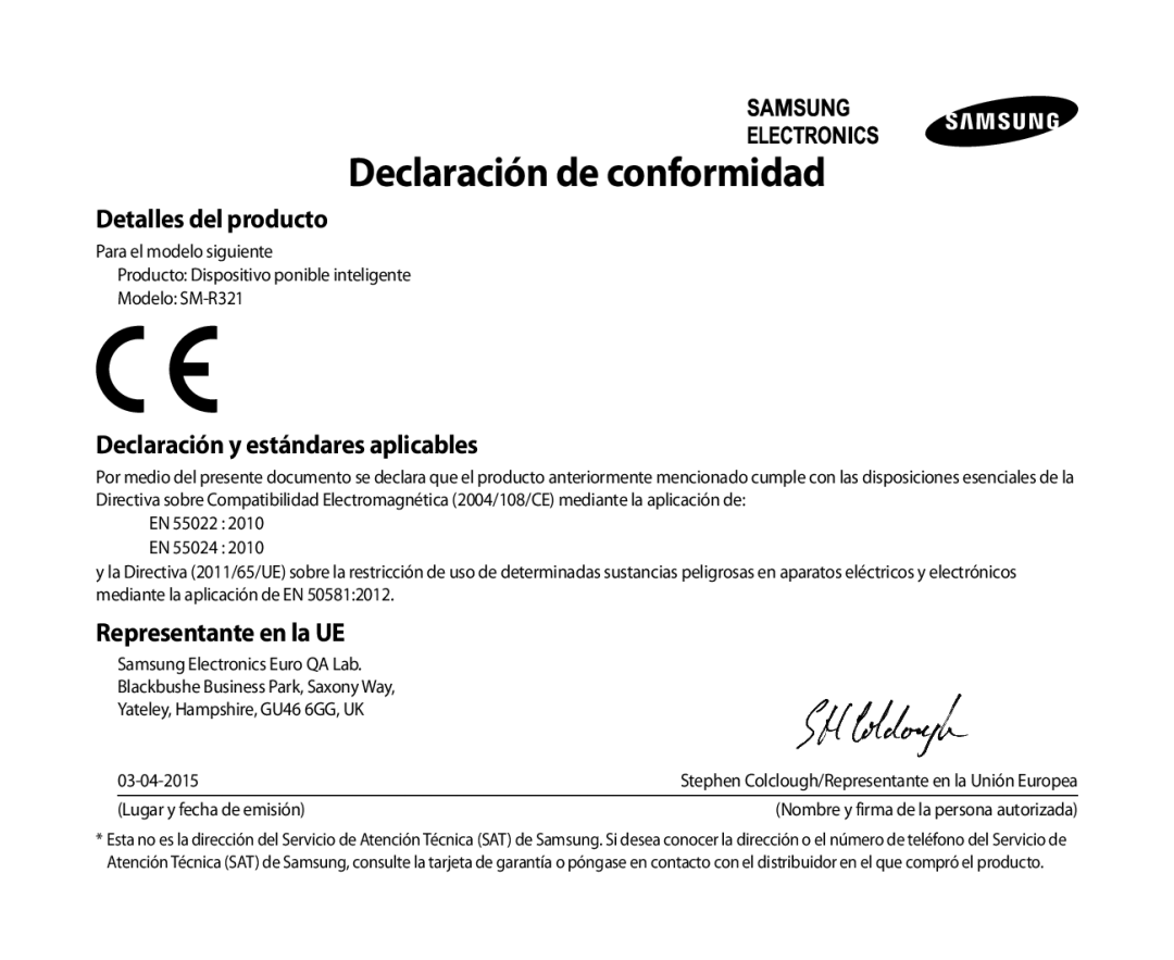 Samsung SM-R321NZWAPHE manual Declaración de conformidad, Declaración y estándares aplicables 