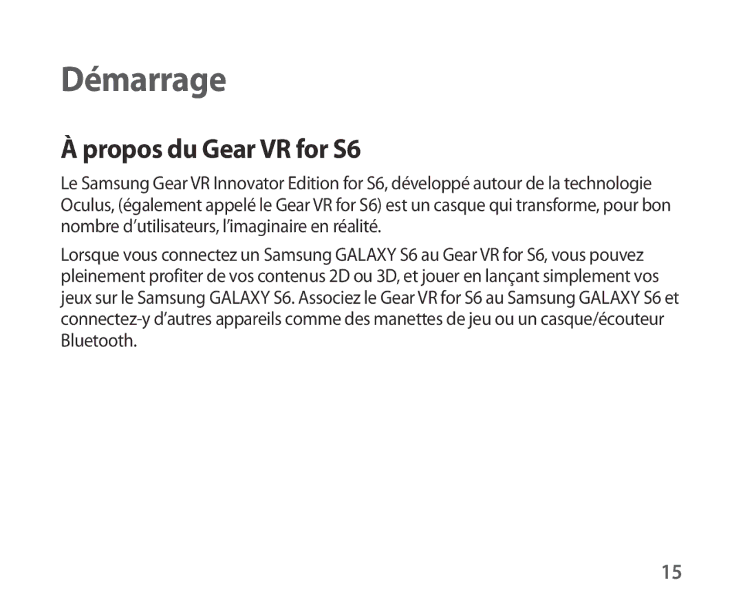 Samsung SM-R321NZWAXEF manual Démarrage, Propos du Gear VR for S6 