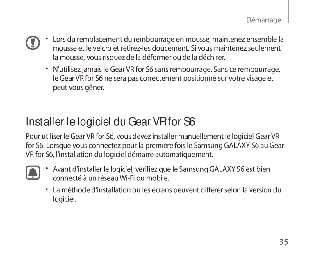 Samsung SM-R321NZWAXEF manual Installer le logiciel du Gear VR for S6 