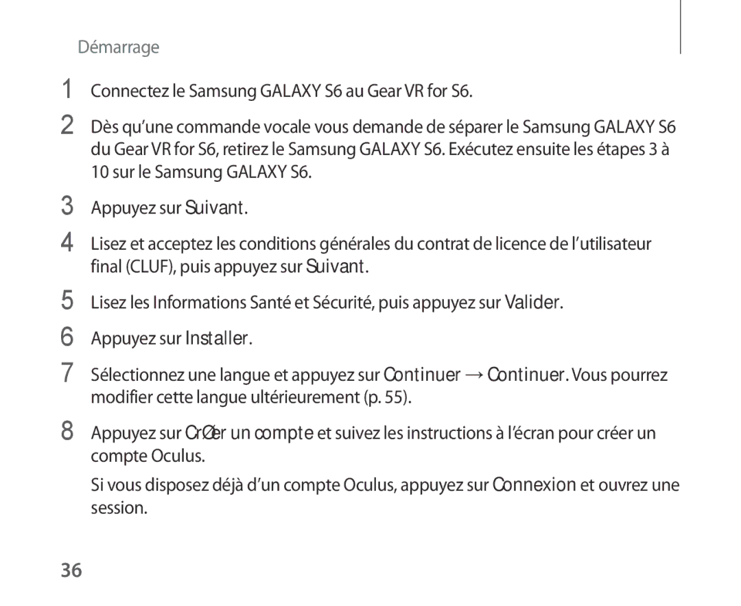 Samsung SM-R321NZWAXEF manual Connectez le Samsung Galaxy S6 au Gear VR for S6 