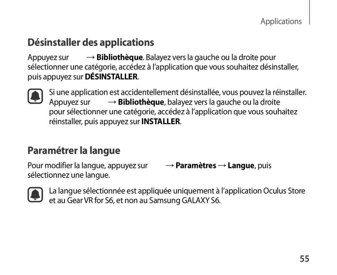 Samsung SM-R321NZWAXEF manual Désinstaller des applications, Paramétrer la langue 