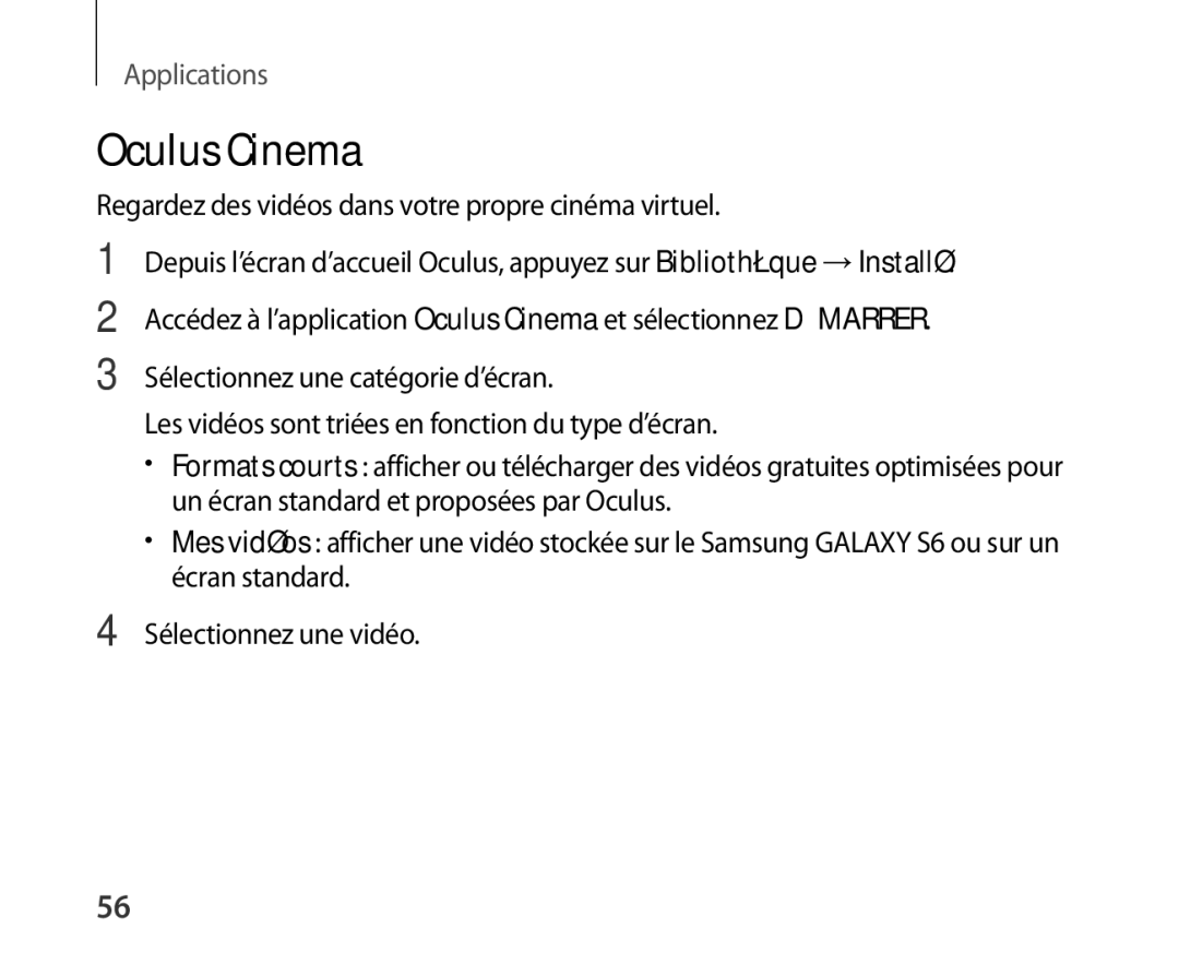 Samsung SM-R321NZWAXEF manual Oculus Cinema, Regardez des vidéos dans votre propre cinéma virtuel 