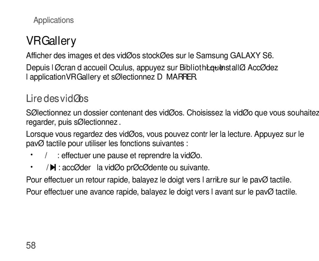 Samsung SM-R321NZWAXEF manual VR Gallery, Lire des vidéos 