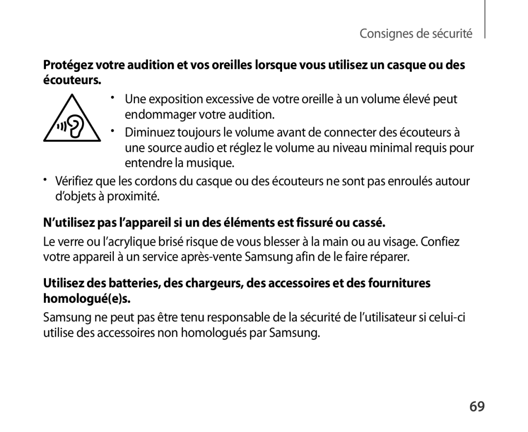 Samsung SM-R321NZWAXEF manual Consignes de sécurité 