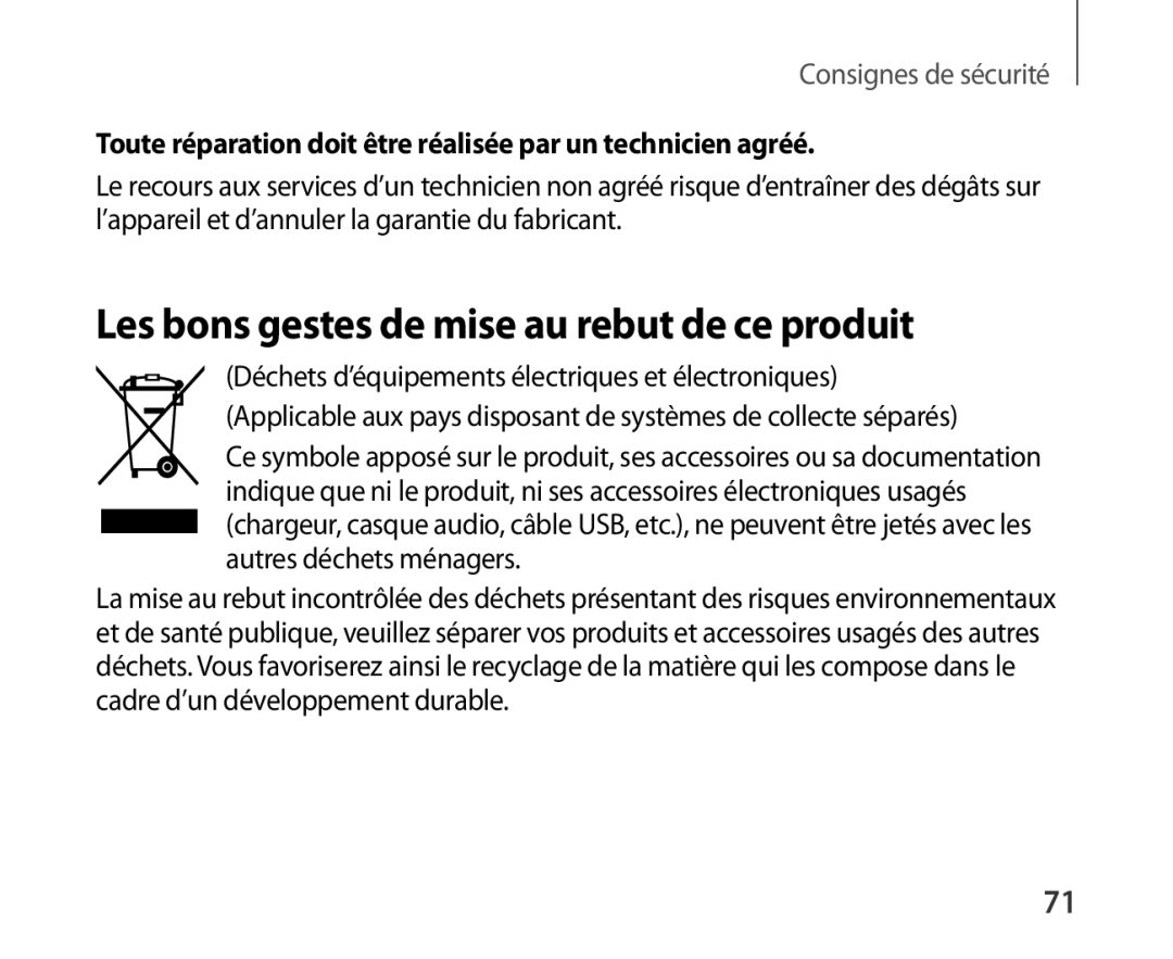 Samsung SM-R321NZWAXEF manual Les bons gestes de mise au rebut de ce produit 