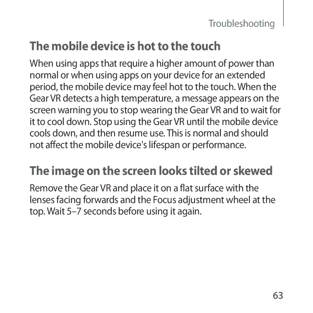 Samsung SM-R322NZWAXEH, SM-R322NZWADBT manual Mobile device is hot to the touch, Image on the screen looks tilted or skewed 