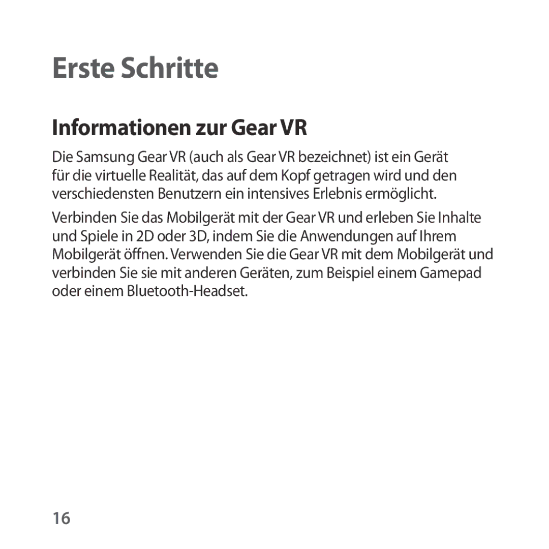 Samsung SM-R322NZWADBT manual Erste Schritte, Informationen zur Gear VR 