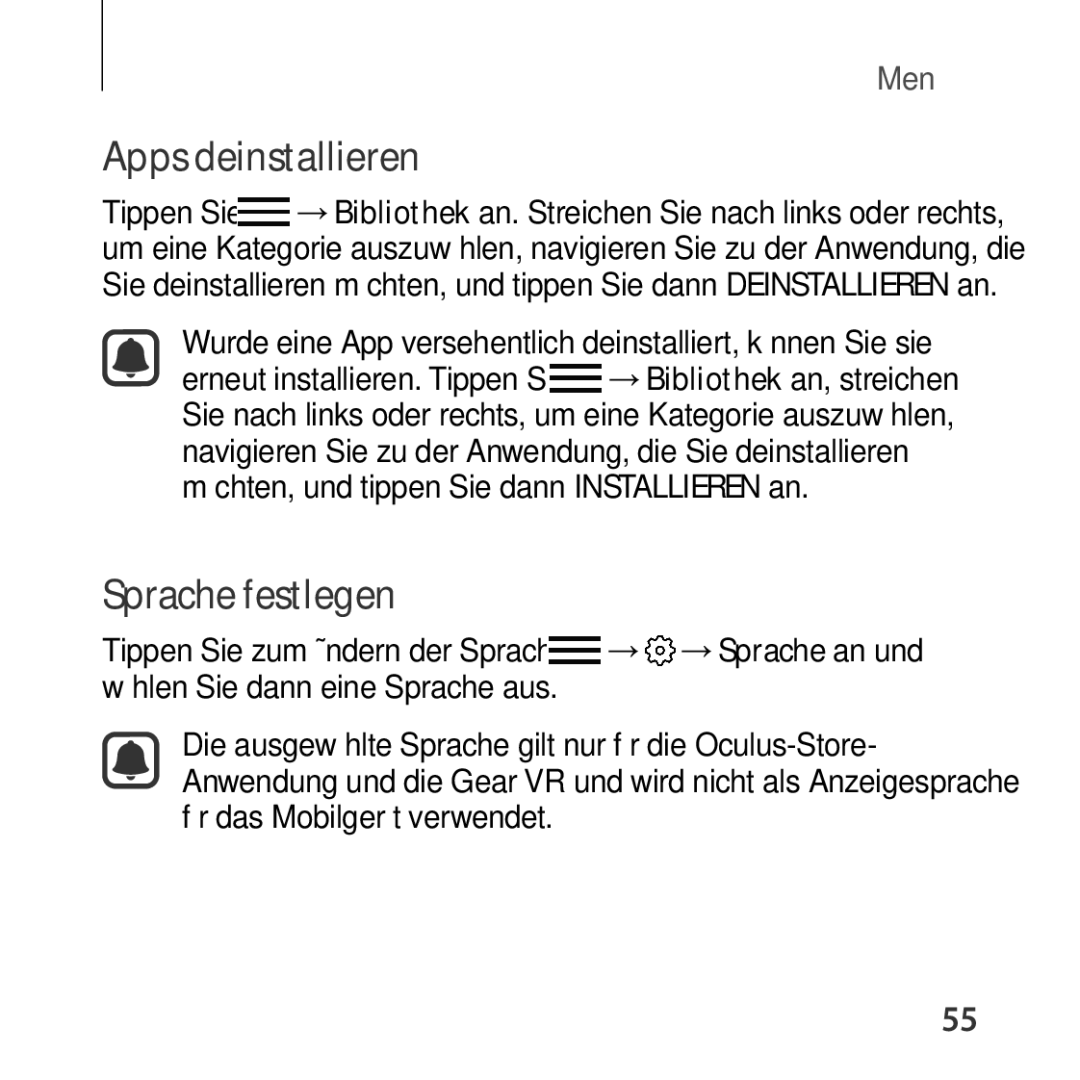 Samsung SM-R322NZWADBT manual Apps deinstallieren, Sprache festlegen 