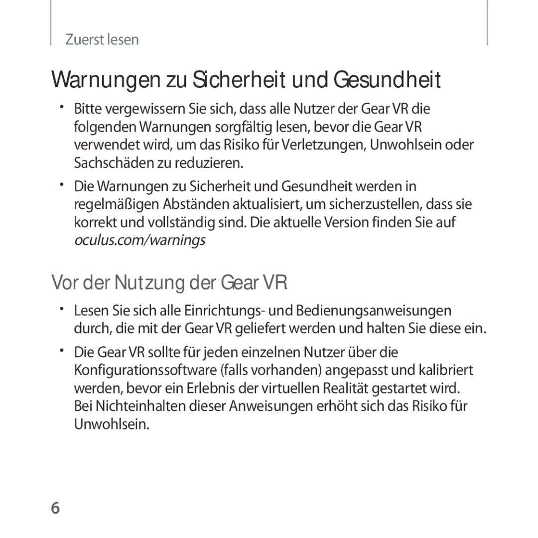 Samsung SM-R322NZWADBT manual Warnungen zu Sicherheit und Gesundheit, Vor der Nutzung der Gear VR 