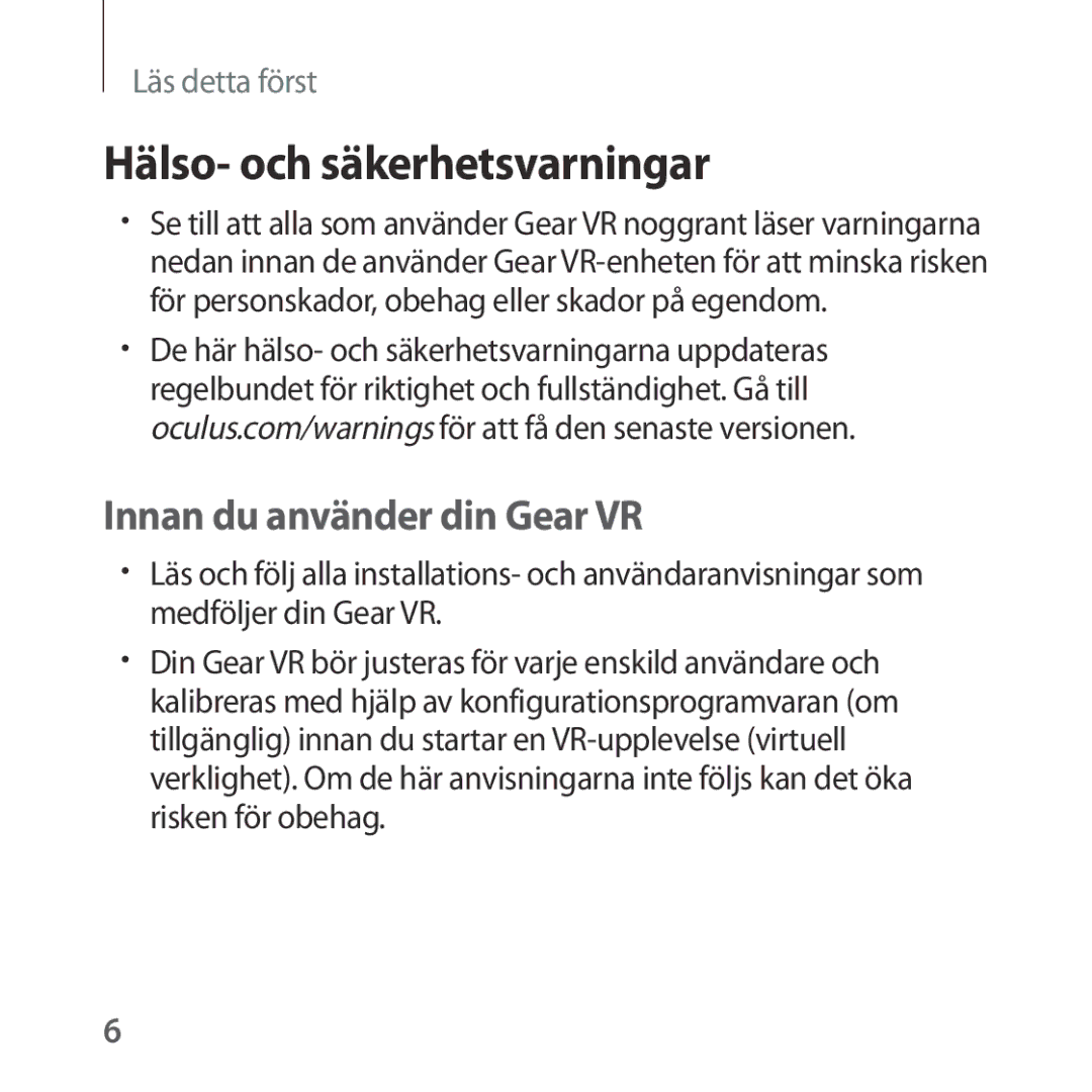 Samsung SM-R322NZWANEE manual Hälso- och säkerhetsvarningar, Innan du använder din Gear VR 