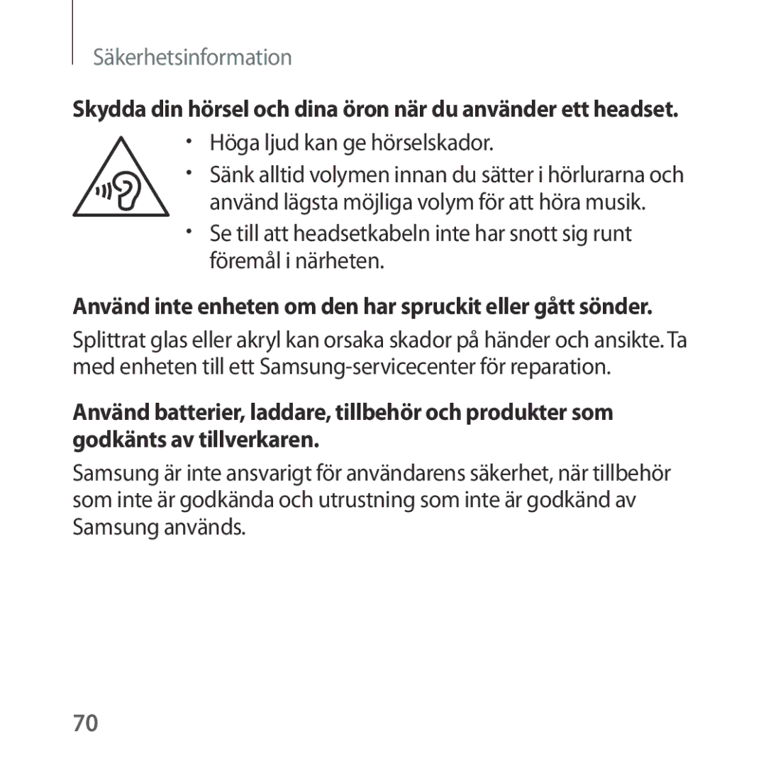 Samsung SM-R322NZWANEE manual Skydda din hörsel och dina öron när du använder ett headset 