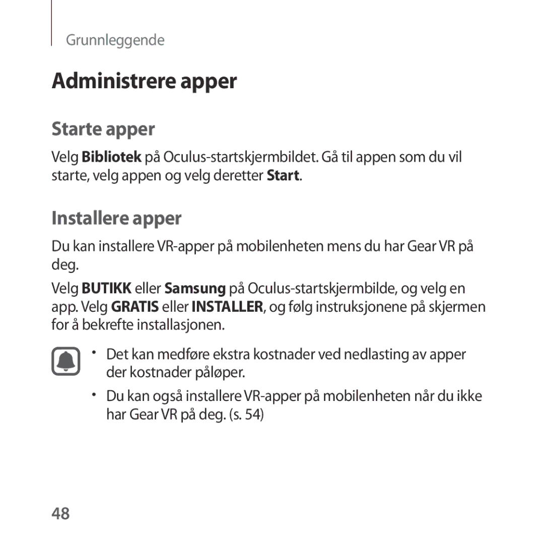 Samsung SM-R322NZWANEE manual Administrere apper, Starte apper, Installere apper 