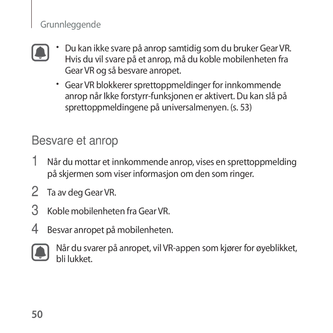 Samsung SM-R322NZWANEE manual Besvare et anrop, Ta av deg Gear VR 