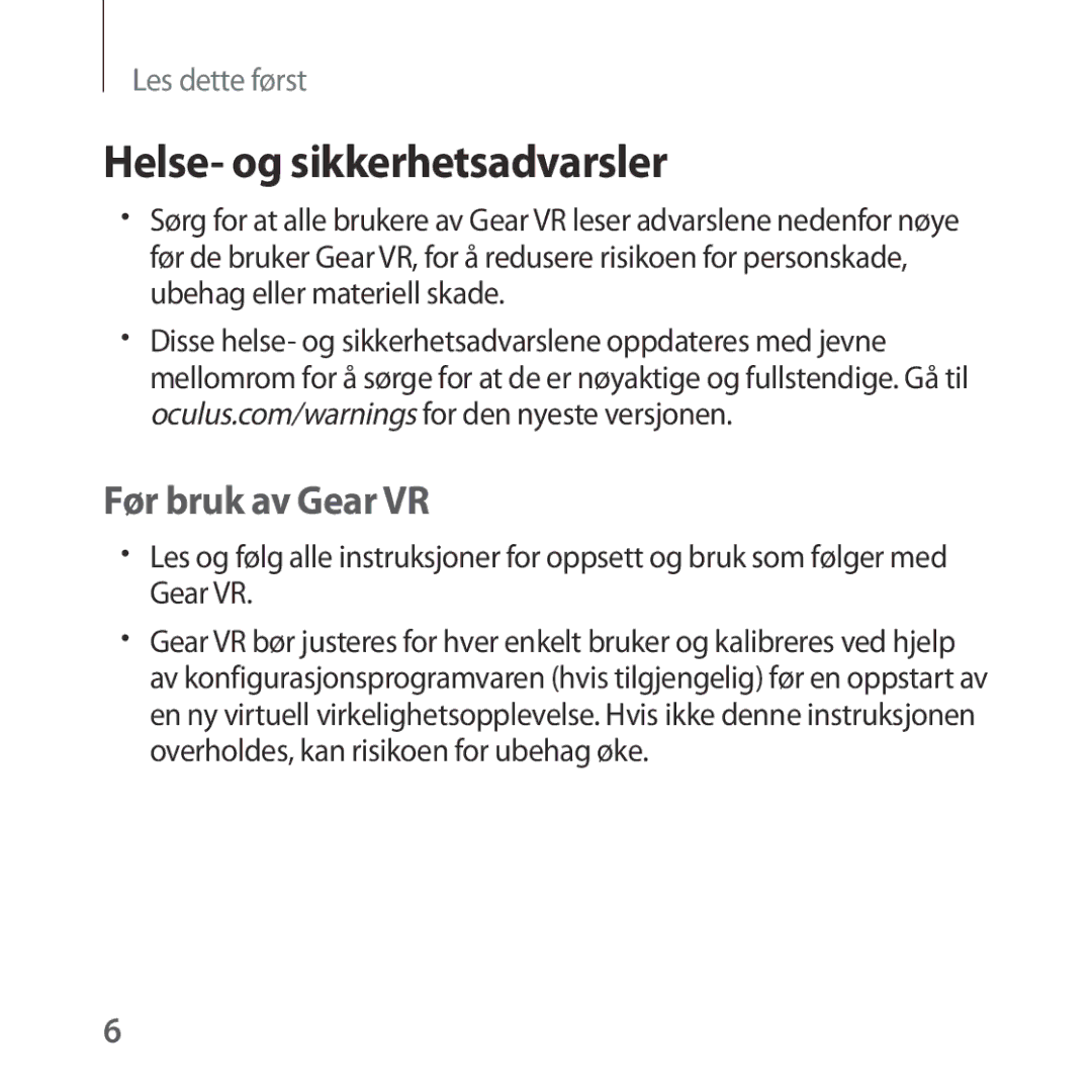 Samsung SM-R322NZWANEE manual Helse- og sikkerhetsadvarsler, Før bruk av Gear VR 