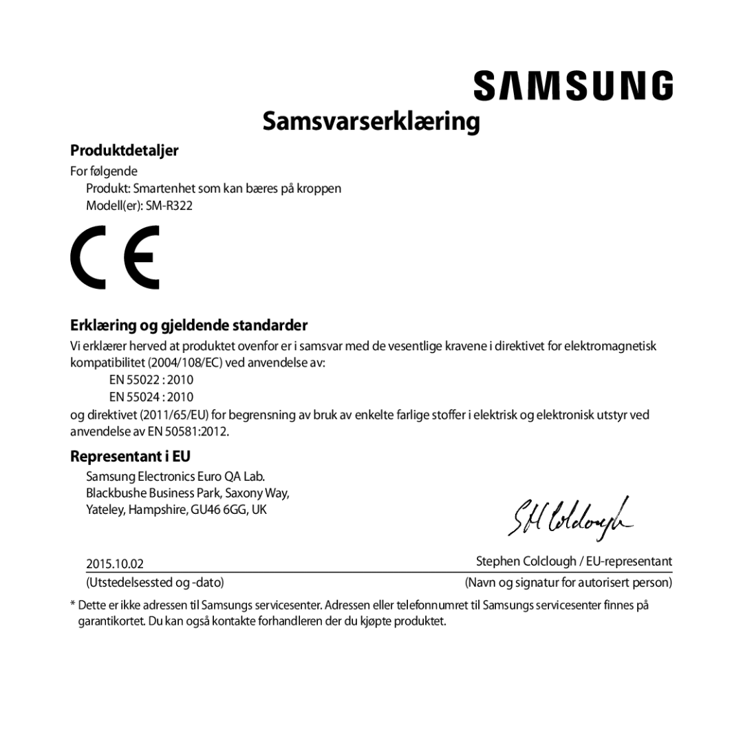 Samsung SM-R322NZWANEE manual Samsvarserklæring 