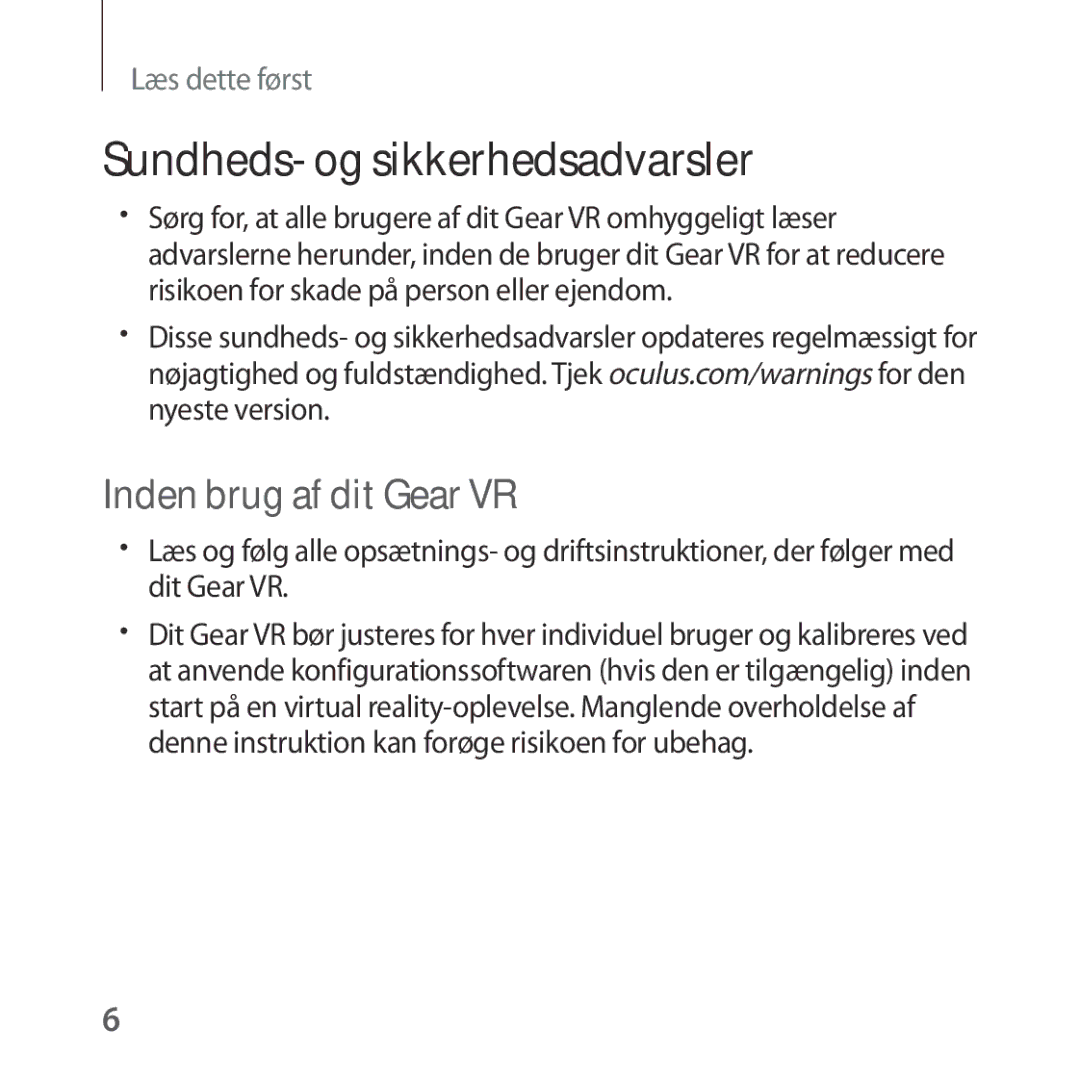 Samsung SM-R322NZWANEE manual Sundheds- og sikkerhedsadvarsler, Inden brug af dit Gear VR 