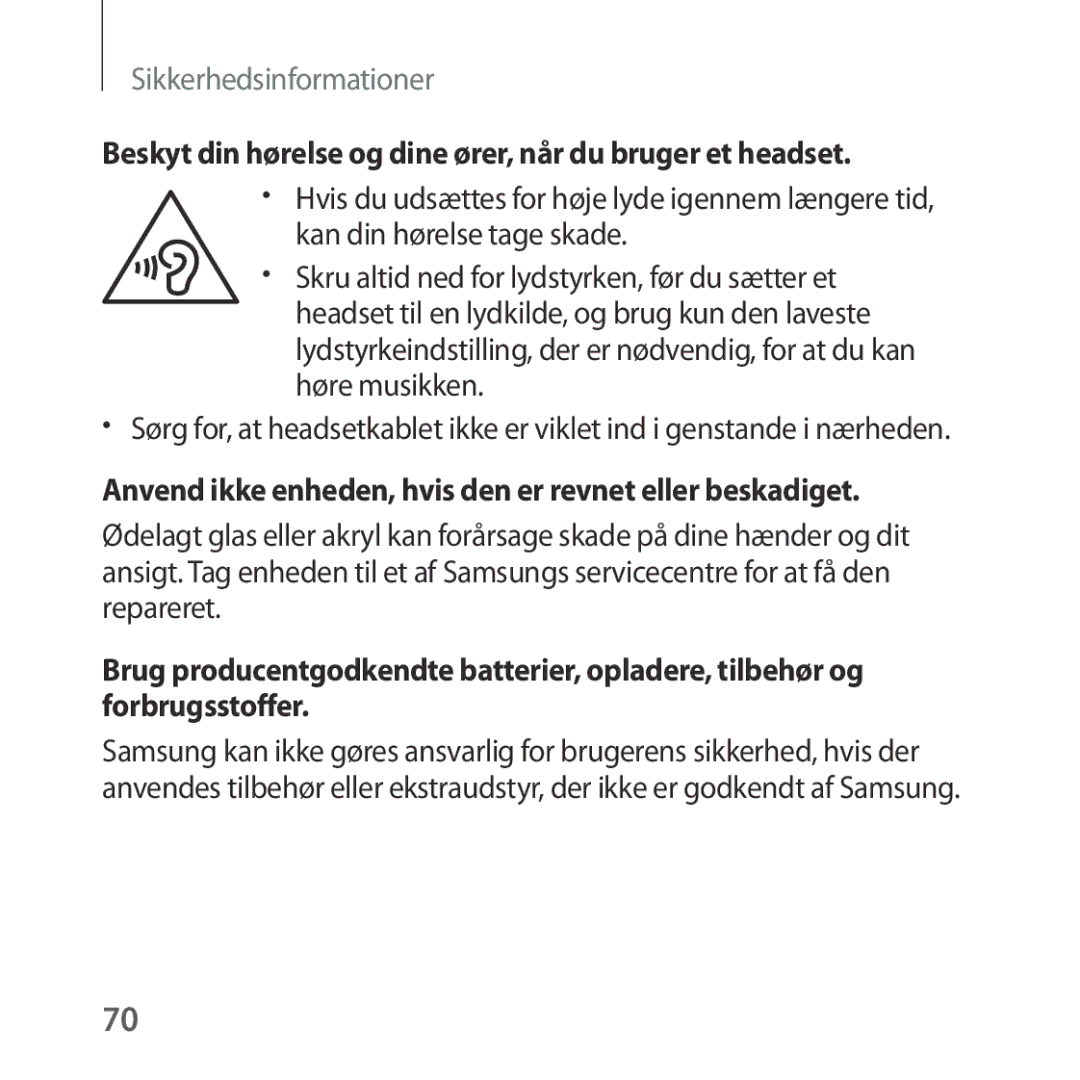 Samsung SM-R322NZWANEE manual Beskyt din hørelse og dine ører, når du bruger et headset 